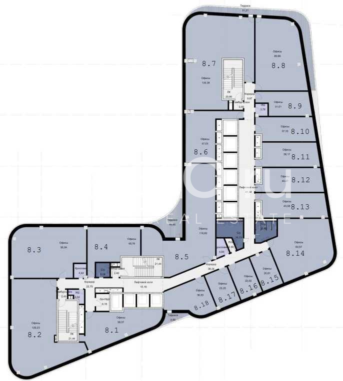 Планировка офиса 20.81-58.07 м², 8 этаж, БЦ «N`ice Tower»